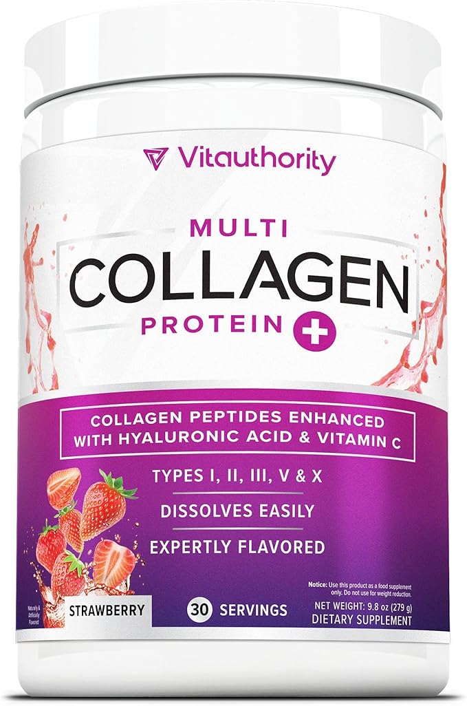Multi Collagen Peptides Powder for Women - Hydrolyzed Flavored Collagen Powder for Women with Types I II III V & X Vitamin C & Hyaluronic Acid for Hair Skin and Nails (Strawberry) - 30 Servings