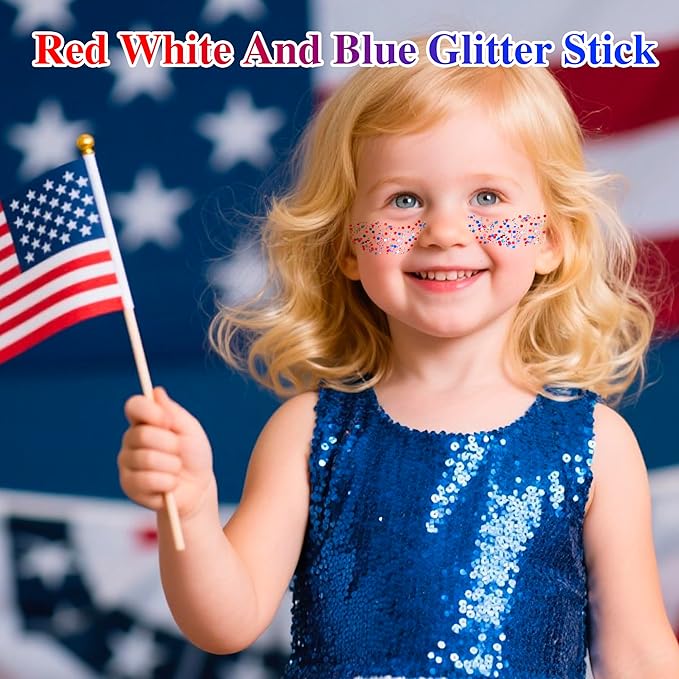 MEICOLY Red White and Blue Face Body Glitter Stick,Hair Glitter Stick for Kids Women,Sparkle Patriotic Pride Chunky Glitter Makeup,4th of July Accessories Outfits for Women