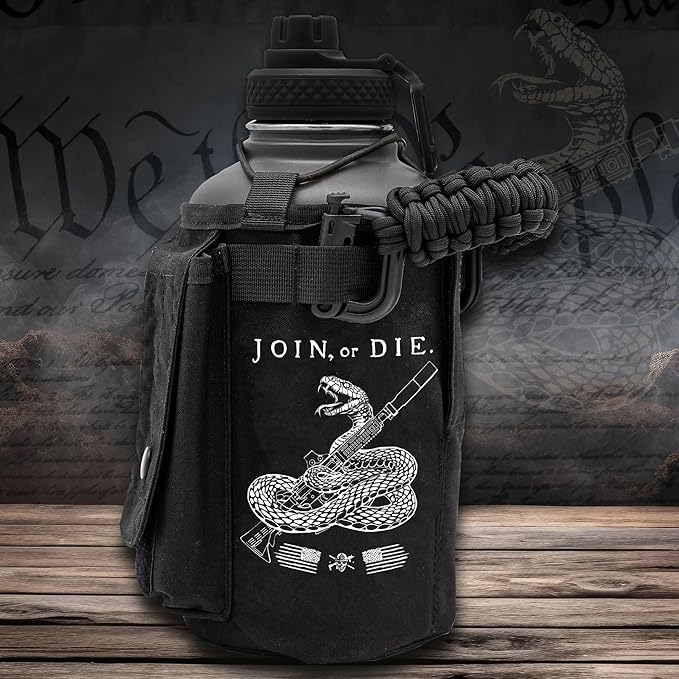 Iron Infidel Battle Bottle - Half Gallon Insulated Water Bottle with Paracord Handle, Large 64 oz Stainless Steel Water Jug with Rugged, Removable Sleeve for Keys, Wallet & Phone (Join or Die 2 Liter)