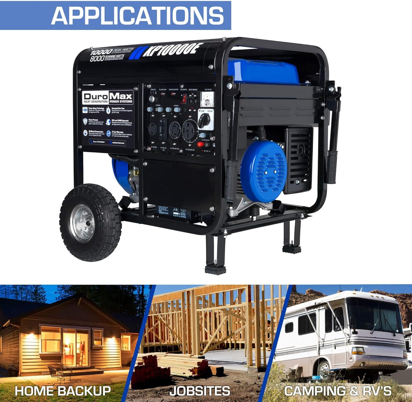 DuroMax XP10000E 10,000-Watt Gas Powered Portable Generator - Electric Start, Whole Home Backup Power, Transfer Switch Ready, RV & Emergency Ready