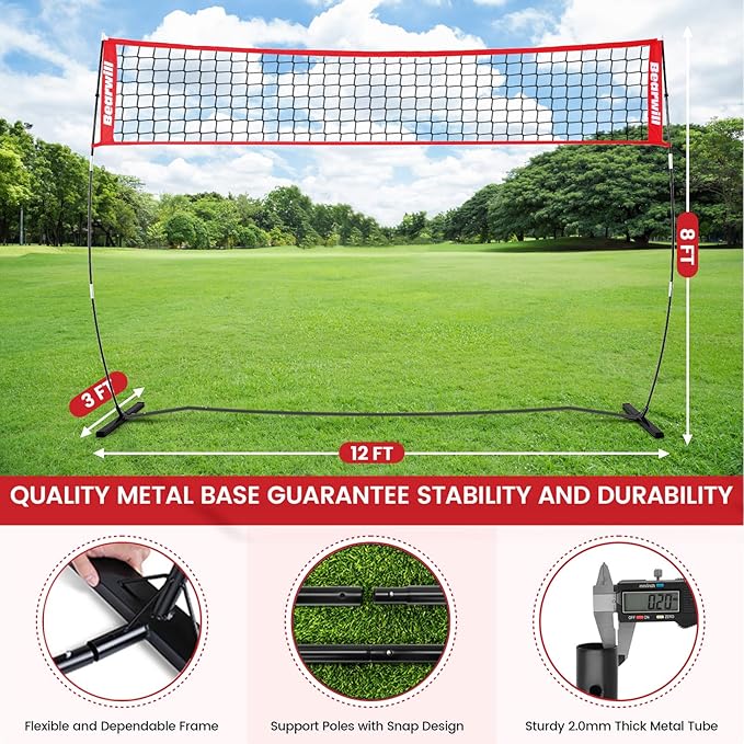 Volleyball Net, 12FT Portable Volleyball Net for Backyard, Freestanding Volley Ball Set Height Adjustable with Carry Bag, Volley Ball Practice Nets Training Equipment for Indoor and Outdoor