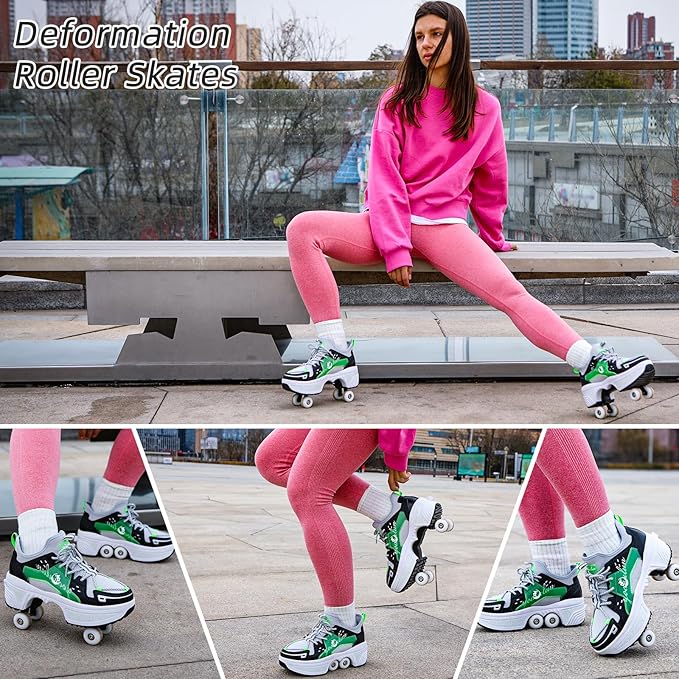 Roller Skate Shoes for Women Four Rounds Children's Roller Skates Shoes That Turn into Rollerskates Sneakers Outdoor Light Shoes with Wheels for Girls/Boys