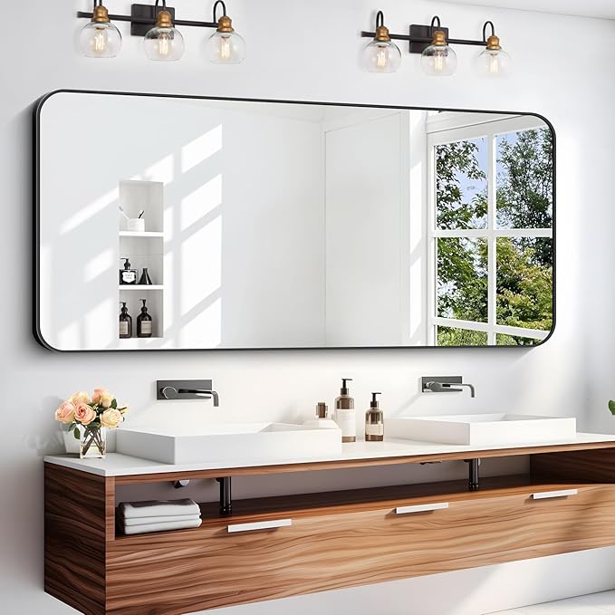 24" x 55"Bathroom Mirror, Matte Black Wall Mirror with Metal Frame, Decorative Rectangular Vanity Mirror for Bedroom Bathroom Living Room Entryway (Horizontal/Vertical)