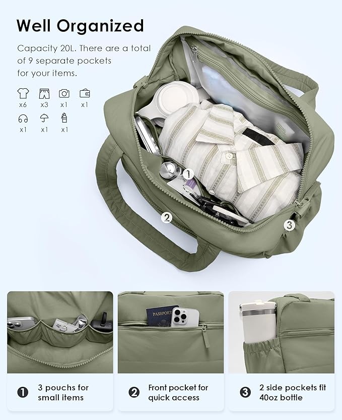 Gym Bag for Women, Travel Duffle Bags with Wet Pocket, Lightweight Carry on Bag Overnight Weekender Duffel Bag, Water Resistant (Grey Sage)