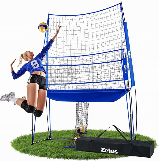 ZELUS Volleyball Training Equipment, 11x8 ft Volleyball Practice Net Station with Adjustable Height & Ball Return