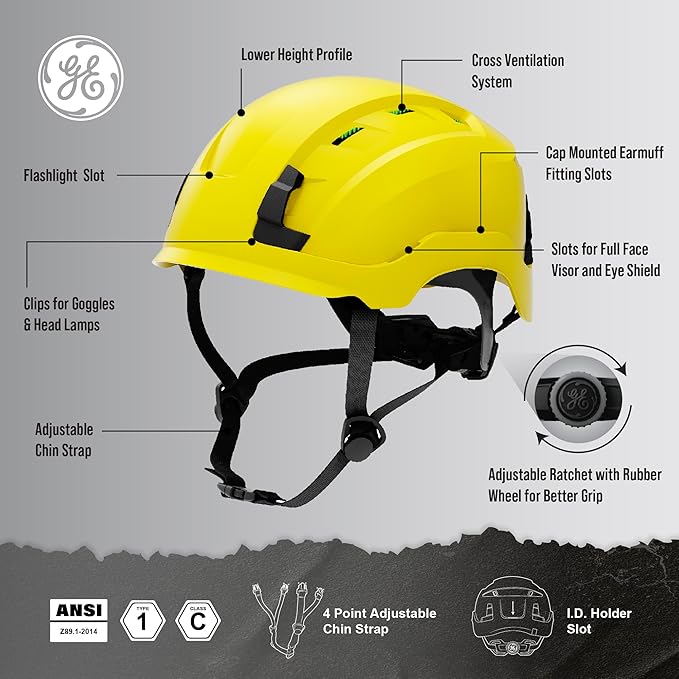 GE Safety Helmet, Impact Absorbing Tech, Adjustable Ratchet, ANSI Type 1, Memory Foam Padding, Hard Hats Protection, Lightweight, Durable, Chin Strap, Comfortable Fit OSHA Approved