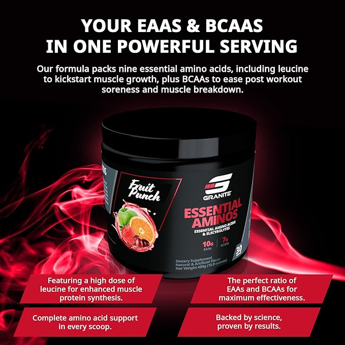 Granite Essential Amino Acids Powder for Muscle Recovery and Growth with 10g EAAs and 7g BCAAs - Soy-Free, Gluten-Free, 448g (30 Servings), Fruit Punch Flavor