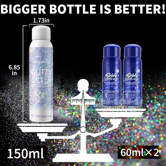 Hair Glitter Body Glitter Spray, 150ML Glitter Hairapray Holographic Silver Glitter Spray for Hair and Boday, Hair Glitter for Kids Women, Body Shimmer Festival Makeup 4.2 Fl Oz