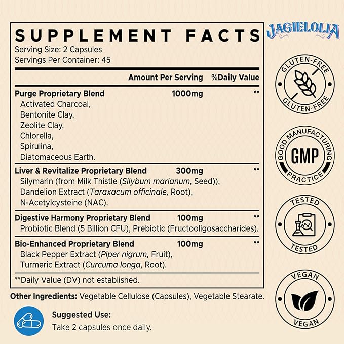 All-in-One Detox Binder Supplement 1500 MG - High Bioavailability, Liver Gut Detox Cleanse with Activated Charcoal, Zeolite & Bentonite Clay for Toxins, Liver, Digestive, 90 Vegan Capsules