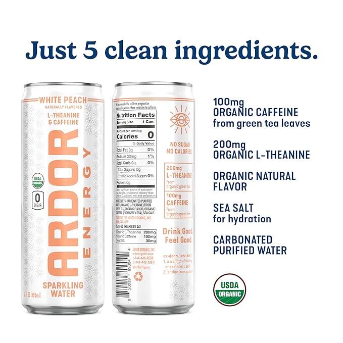 ARDOR ENERGY Sparkling Water with 100mg Natural Caffeine & 200mg L-Theanine from Organic Green Tea for Smooth Energy & Focus | Healthy Energy Drink | No Sugar, Zero Calories, Vegan, Gluten-Free | White Peach (Pack of 12, 12oz cans)