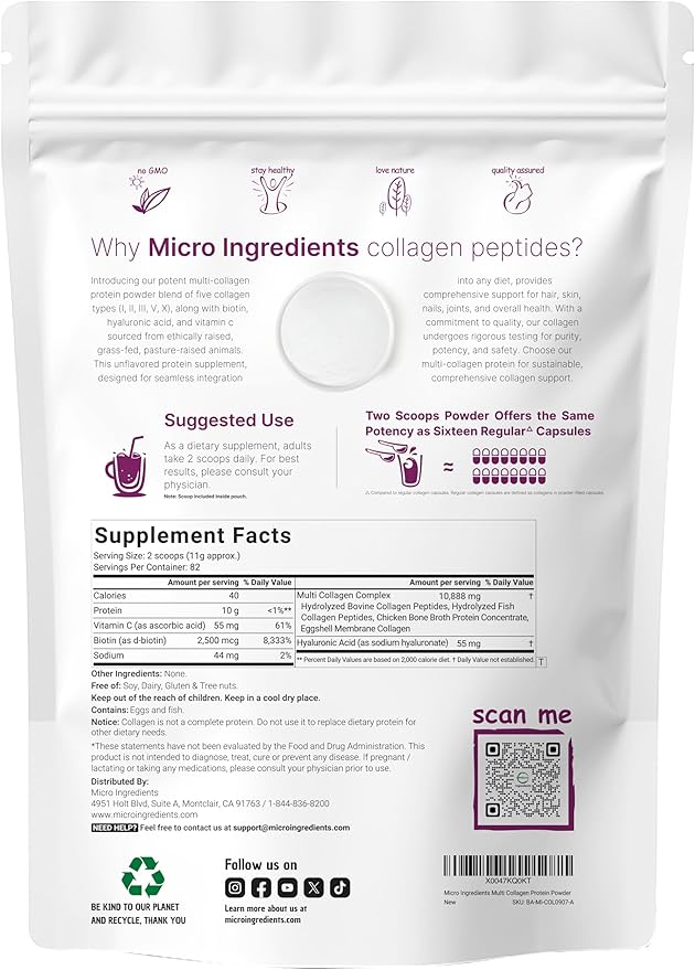 Micro Ingredients Multi Collagen Peptides Powder, 2lb | Type I, II, III, V, X + Biotin, Vitamin C & Hyaluronic Acid | Unflavored | Supports Hair, Skin & Joint Health | Keto, Non-GMO