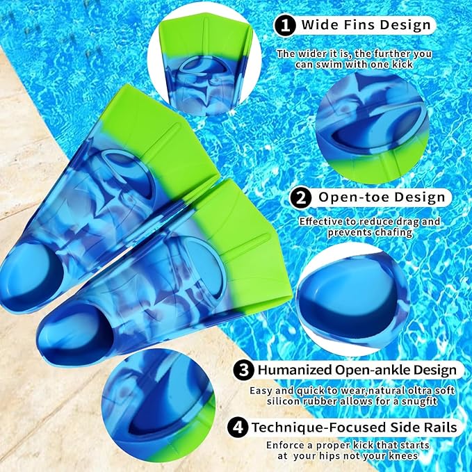 Kids Swim Fins,Short Comfortable Flippers for Lap Swimming and Training for Child,Girls,Boys,Beginners