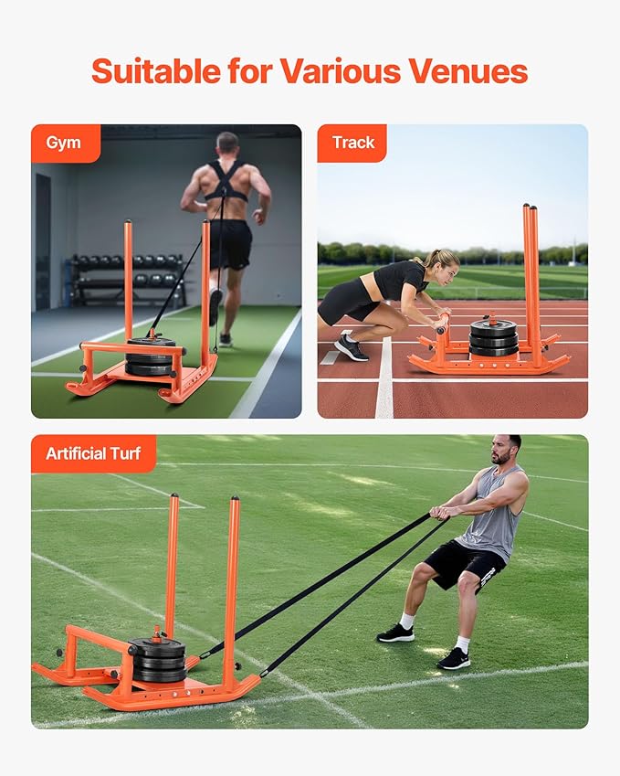 VEVOR Weight Sled, Steel Power Sled, Fitness Strength Training Sleds for Athletic Exercise Speed Improvement, Workout Fitness Equipment with Handle, Compatible with 1/2 in Weight Plates, Orange