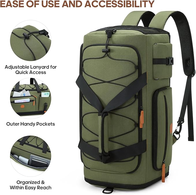 Gym Bag for Men and Women with Shoe & Laptop Compartment, 3-in-1 Sports Travel Duffel Bag Anti-Theft Weekender Carry-On Backpack for Airplane & Workout, Overnight Travel Bag,35L (Green, Medium)