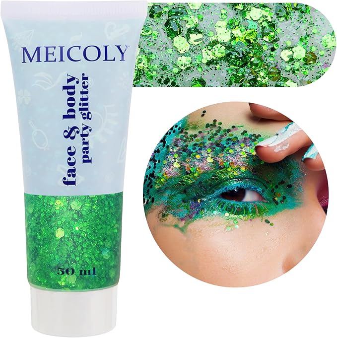 MEICOLY Green Face Body Glitter,St Patricks Day Accessories,Green Face Paint Glitter Gel Chunky Makeup,Sparkling Festival Rave Outfits for Women,Saint Patrick's Day Hair Alien Glitter