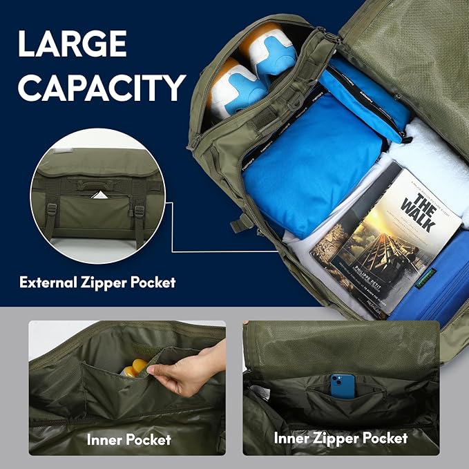 Haimont Large Duffle Bag Backpack for Men Women, 60L Convertible Travel Duffel Bags with Shoes Compartment, Carry on Durable Duffle for Sports Gym Hiking Camping, Water-resistant, Army Green