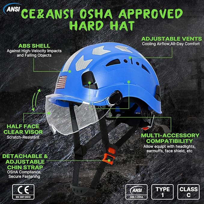AOLAMEGS Construction Safety Hard Hat - ANSI Z89.1 Type Ι OSHA Approved Safety Helmets with Chin Straps Lightweight Reflective Vented ABS Hard Hats For Men Women Industrial Workwear 6-point Suspension