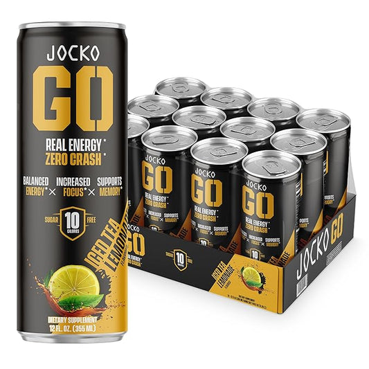 Jocko GO Energy Drink - Keto, Vitamin B12, Vitamin B6, Electrolytes, L Theanine, Magnesium- Energy Boost, Sugar Free Nootropic Monk Fruit Blend - 12 Pack (Iced Tea - Lemonade)