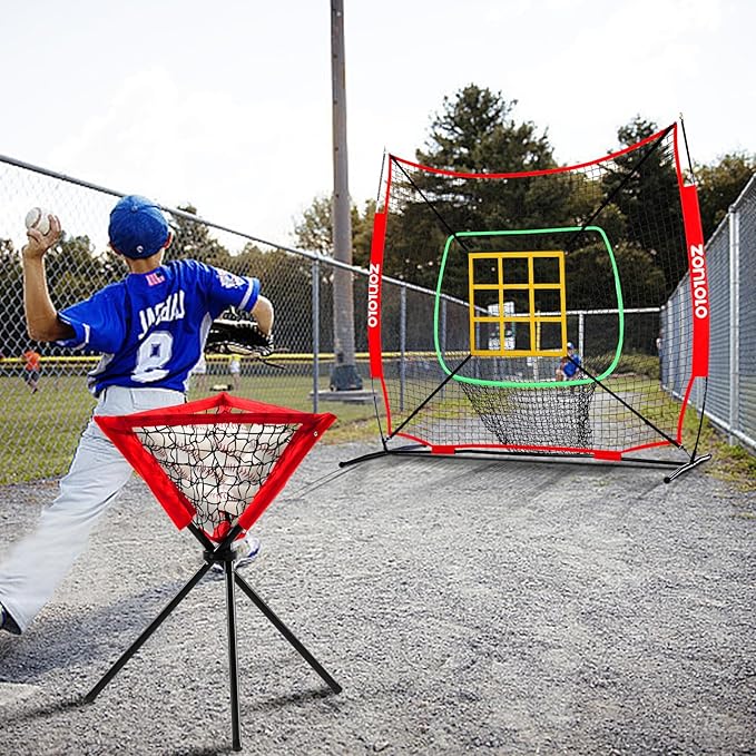 6x6ft Portable Baseball & Softball Net for Hitting，Pitching and Throwing, with Sturdy Bow Frame,Battting Tee,Ball Caddy and 2 Strike Zones, Perfect Pitching net for Kids!