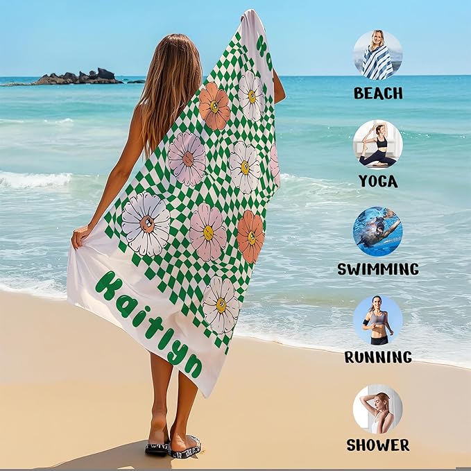 JML Personalized Beach Towel with Name, Custom Flower Beach Towel, Customized Microfiber Pool Towel, Quick Dry & Absorbent Swim Towel for Adult,Mother's Day, Birthday, Summer Holiday,Vacation