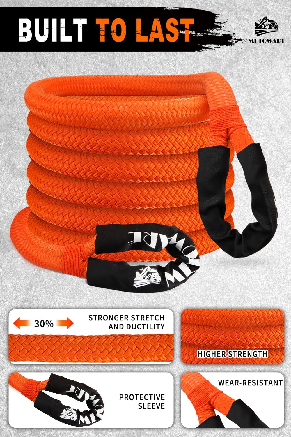 METOWARE Kinetic Recovery Rope (1.25’’ x 20ft) 56,000 LBS Heavy Duty Snatch Strap with 2pcs 1/2inch x 22 Soft Shackles, Tow Rope Offroad Recovery Kit for UTV, ATV, Truck, Car