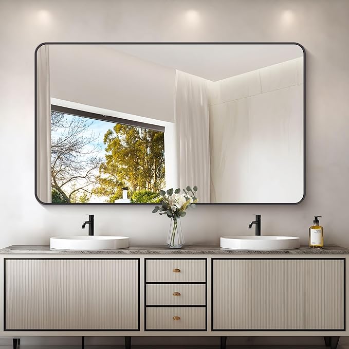 60" x 36"Bathroom Mirror, Matte Black Wall Mirror with Metal Frame, Decorative Rectangular Vanity Mirror for Bedroom Bathroom Living Room Entryway (Horizontal/Vertical)