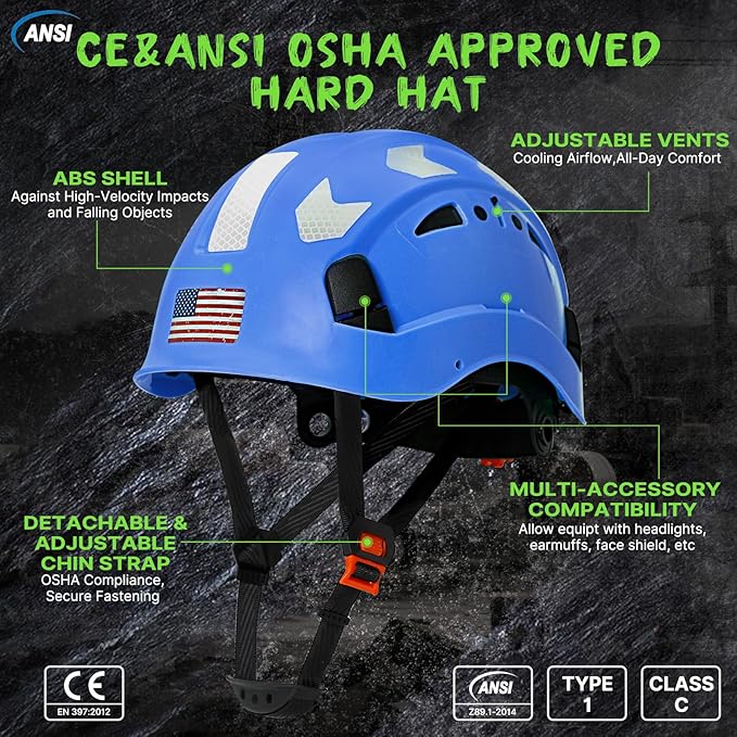 AOLAMEGS Construction Safety Hard Hat - ANSI Z89.1 Type Ι OSHA Approved Safety Helmets with Chin Straps Lightweight Reflective Vented ABS Hard Hats For Men Women Industrial Workwear 6-point Suspension