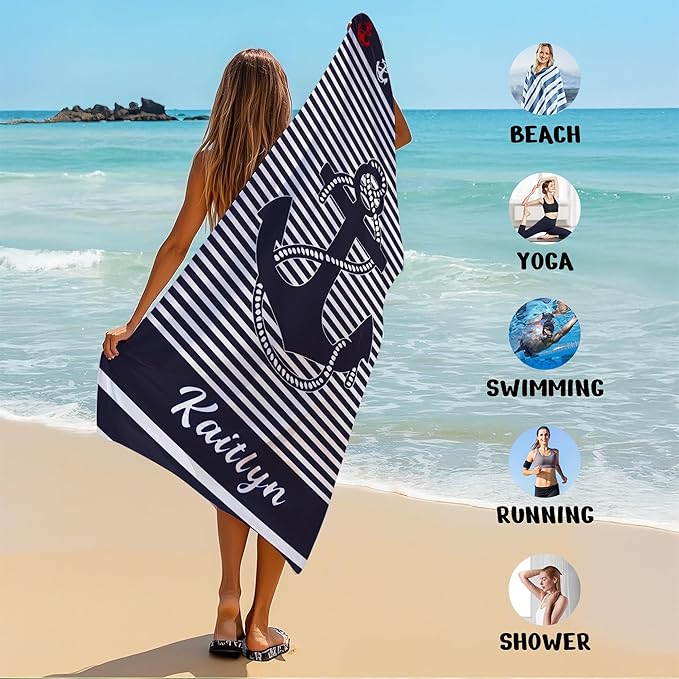 JML Personalized Beach Towel with Name, Custom Anchor Beach Towel, Customized Microfiber Pool Towel, Quick Dry & Absorbent Swim Towel for Adult,Anniversary, Birthday, Summer Holiday,Vacation