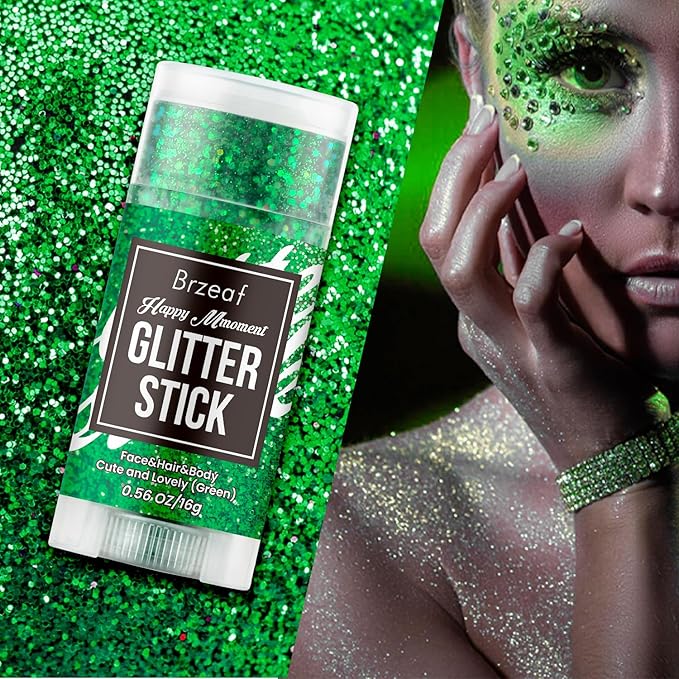 Brzeaf Waterproof Green Body Glitter Stick, Chunky Glitter for Face/Body/Hair/Eyes/Lip, Singer Concert Music Halloween Rave Festival, Glitter Stick Makeup & Face Glitter Gel for Women Men 0.56 OZ