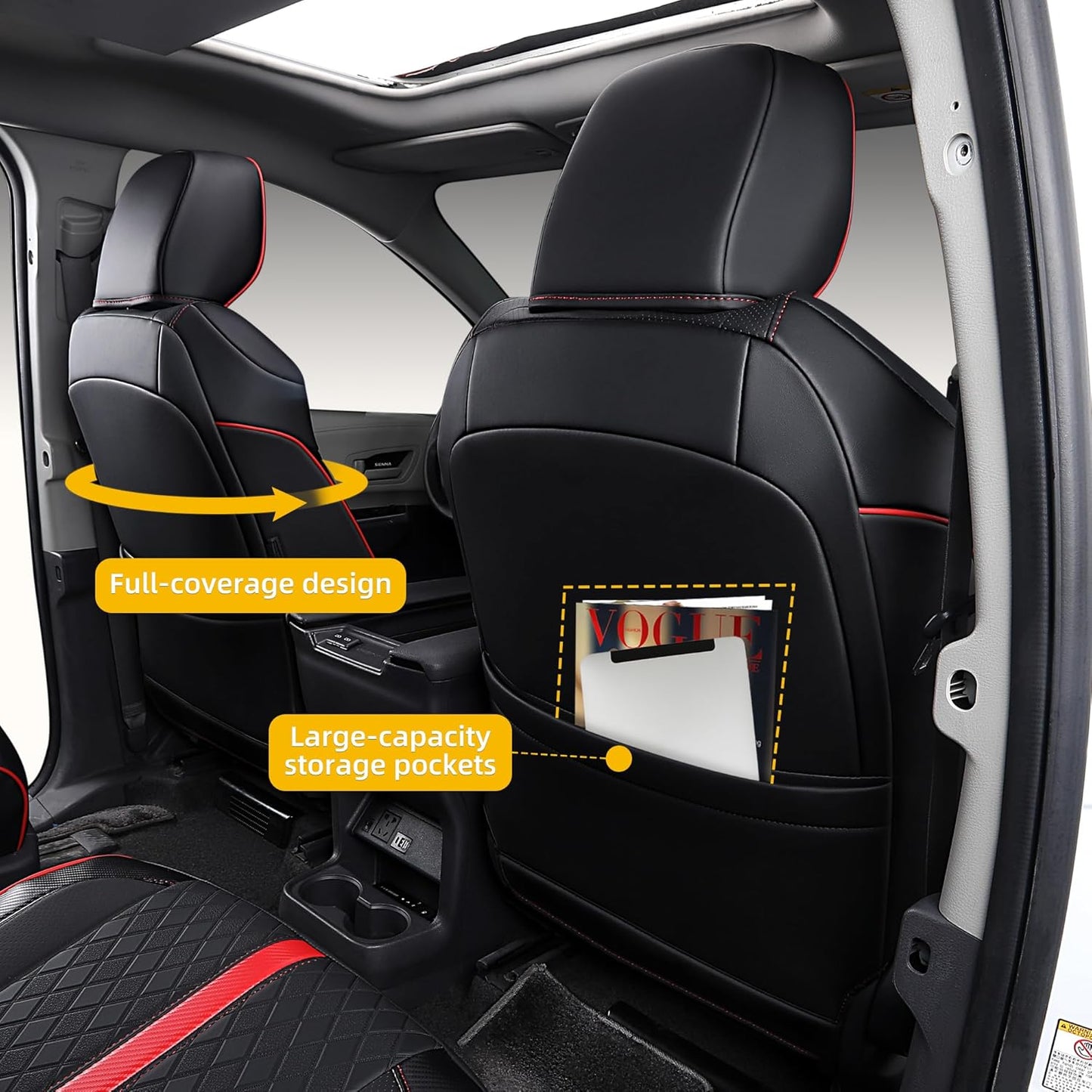 Custom Fit Sienna Seat Covers for Toyota Sienna LE,XLE 2021-2025 3-Row Accessories Full Coverage Waterproof Leather Car Seat Covers Full Set (Black with red, 7-Seat)