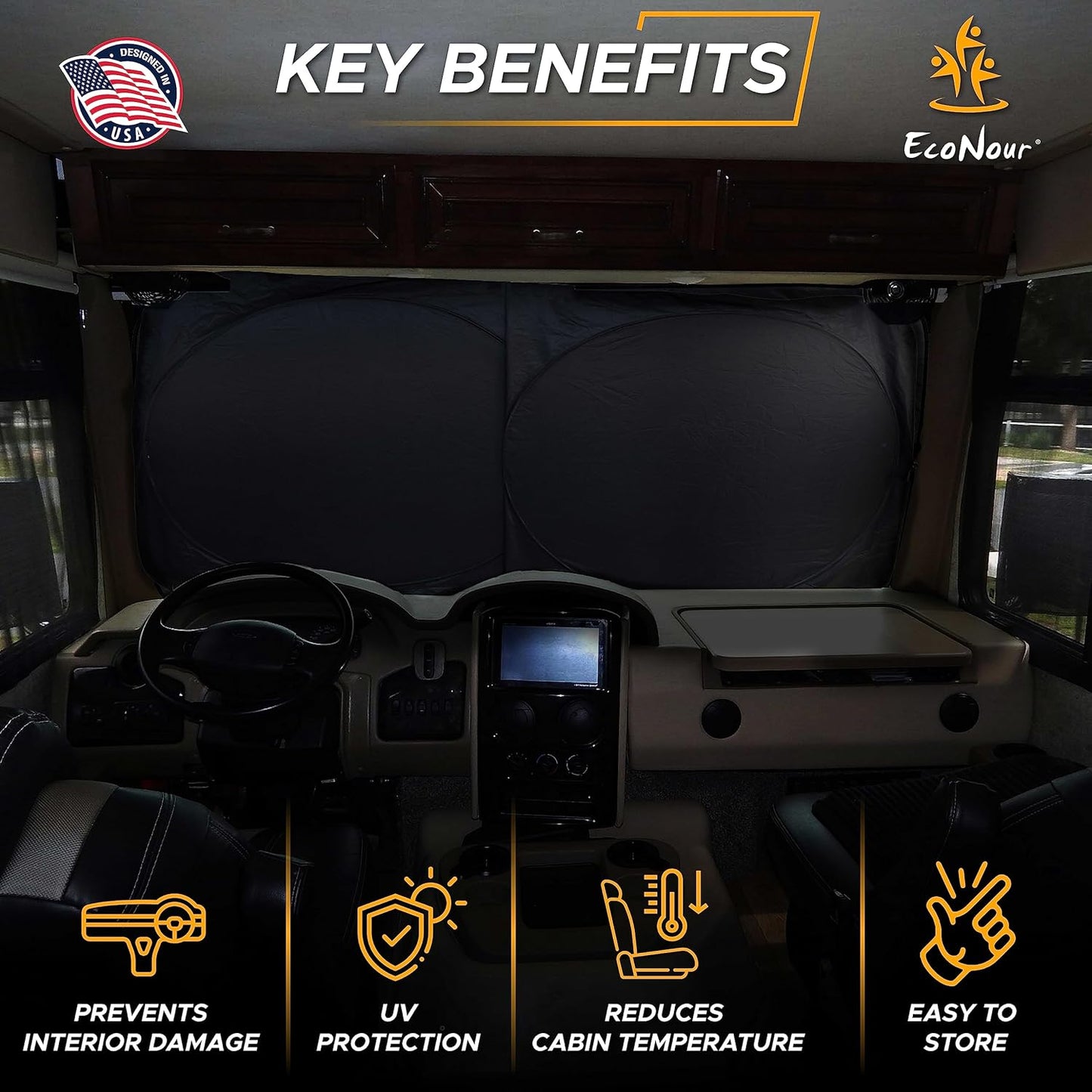 EcoNour Butterfly RV Windshield Sunshade | Windshield Cover Sunshade for UV Rays & Heat Protection, Keeps Your Interior Cool | Fits RVs, Trucks, Motorhomes, Buses | XXL - 102 x 51 inches