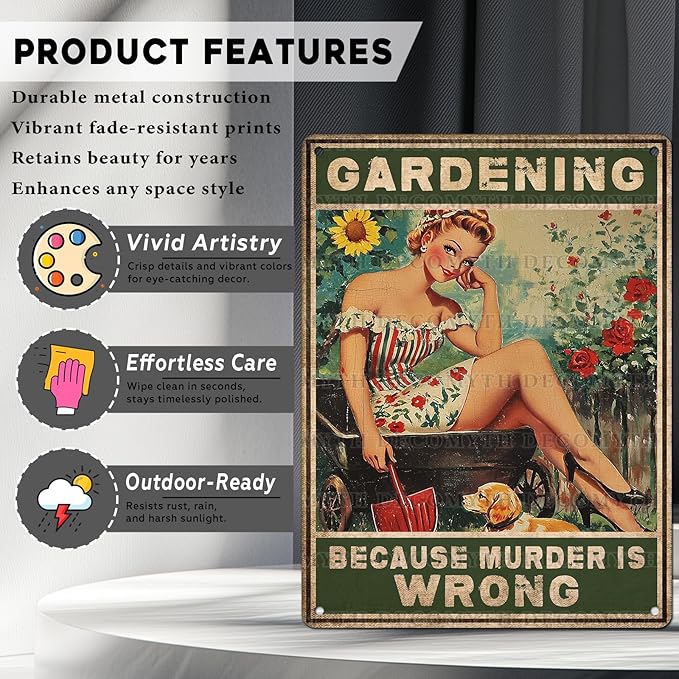 Gardening Because Murder Is Wrong Vintage Metal Tin Sign Rustic Wall Decor Outdoor Garden Art Yard Plaque Retro Home Decor Gift for Women Gardener Lovers 12 * 16inch