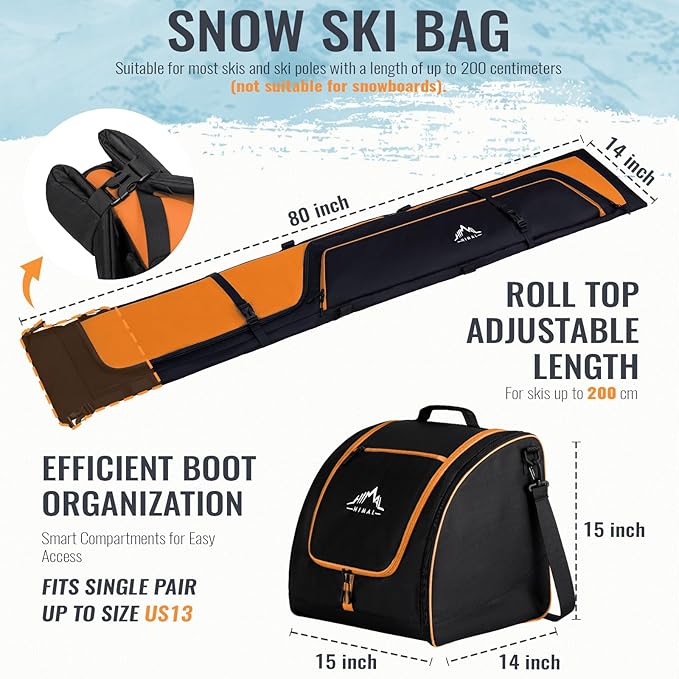 Ski Bag and Boot Bag Combo, Padded Skis Bag for Air Travel, Safety Reinforce Ski Carrier Bag Fits for Skis Up to 200 CM and Boots Up To Size US13, Water- resistant Ski Travel Bag