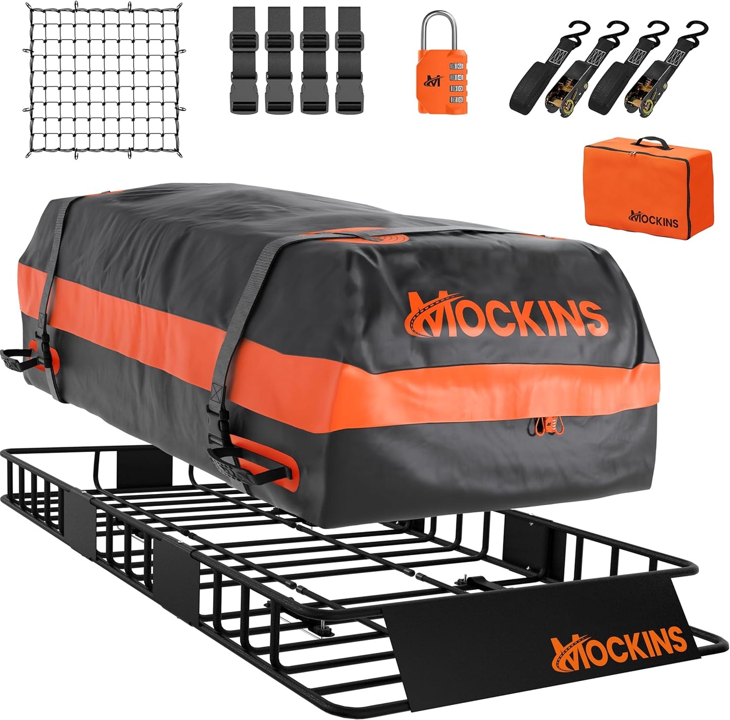 Mockins 64"x39"x6" Heavy Duty Roof Rack Cargo Carrier for Top of Vehicle w/ 20 CuFt Waterproof Rooftop Cargo Bag | 250Lbs Cap Extendable Roof Basket Luggage Rack for SUV, Car, RV & Van w/Accessories
