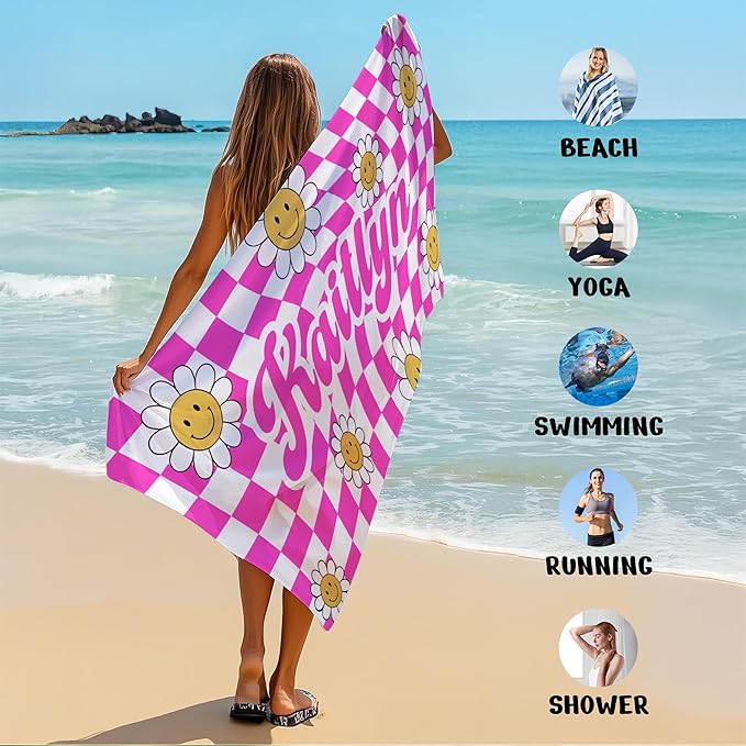 JML Personalized Beach Towel with Name, Custom Flower Beach Towel, Customized Microfiber Pool Towel, Quick Dry & Absorbent Swim Towel for Adult,Anniversary, Birthday, Summer Holiday,Vacation
