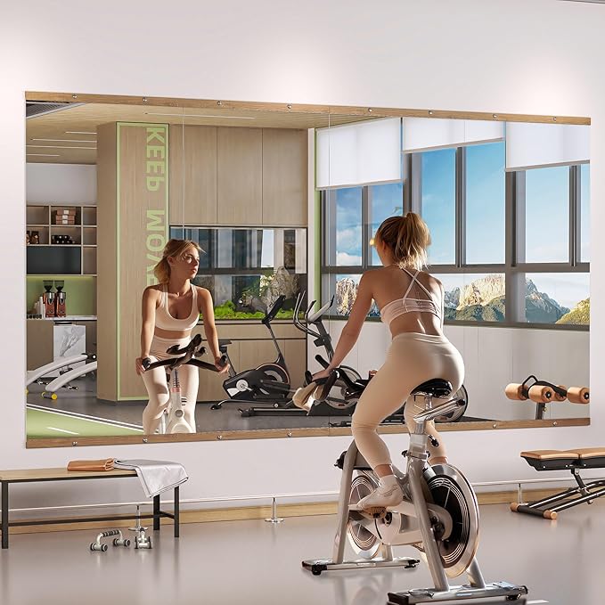 Hasipu 2Pcs 48''x24'' Home Gym Mirror Large Full Length Wall Mounted Full Body Mirror for Yoga Dance Fitness Exercise Studio Bedroom Garage, Frameless Tempered Glass Workout Mirrors Walnut Rectangular