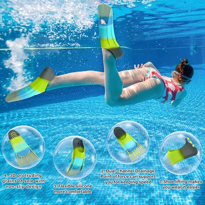 Gintenco Swim Fins, Kids Swim Training Fins for Lap Swimming, Travel Size Flippers with Mesh Bag, Silicone Swimming Fins for Kids Teens Adults Women Men