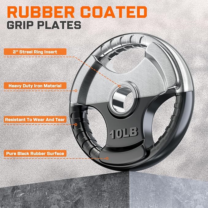 XDDIAS Rubber Weight Plates for Barbell, 2-Inch Olympic Grip Plate for Strength Training, Weightlifting and Bodybuilding in Home & Gym, Solid Cast Iron Weight Plates Pair and Sets