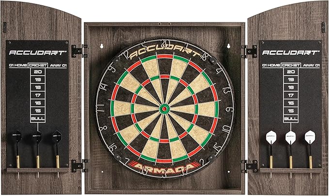 Accudart Armada Bristle Dartboard Cabinet Set - Official Size 18" x 1.5" - Self Healing Genuine Sisal - Wall Mount Cabinet Set - Round Spider Wires Reduce Bounce Outs - Rotatable Metal Number Ring