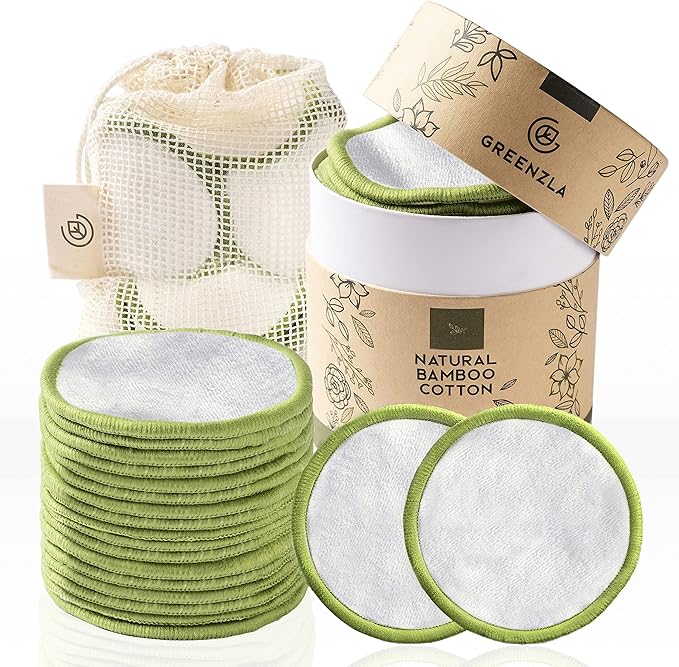Greenzla Reusable Makeup Remover Pads (20 Pack) Washable Laundry Bag & Round Box for Storage, Reusable Bamboo Cotton Rounds for All Skin Types - Reusable Cotton Rounds for Face - Reusable Cotton Pads