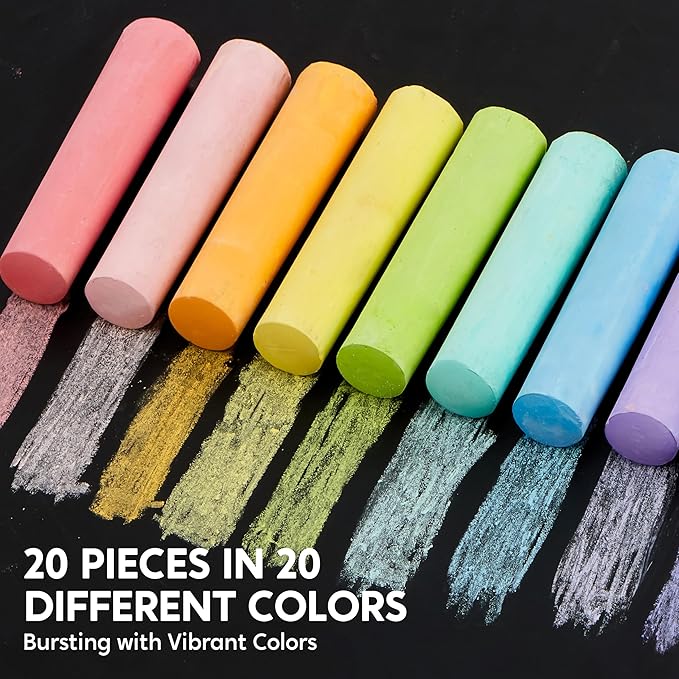 JOYIN 20 PCS Washable Sidewalk Chalks Set in 20 Colors, Non-Toxic Jumbo Colored Chalk for Kids, Painting for Outdoor Games, School Supplies, Painting on Chalkboard