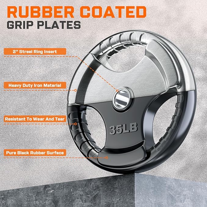 XDDIAS Rubber Weight Plates for Barbell, 2-Inch Olympic Grip Plate for Strength Training, Weightlifting and Bodybuilding in Home & Gym, Solid Cast Iron Weight Plates Pair and Sets