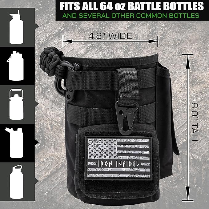 Iron InfideI Battle Bottle Sleeve - 64 oz and 32 oz Water Bottle Sleeve Only for Half Gallon 1L Steel Water Bottle | Rugged Cover with Molle for Versatile Design with Storage for Phone, Wallet & Keys