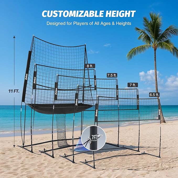 ZELUS Volleyball Training Equipment, 11x8 ft Volleyball Practice Net Station with Adjustable Height & Ball Return