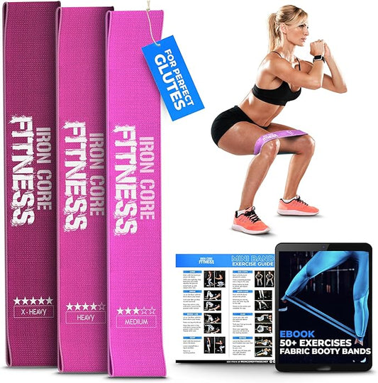 Fabric Mini Resistance Bands Sets for Trainers, Bootcamp, Gym for Men and Women in Fun Colors - Ebook, Videos and Workout Chart Included by Iron Core Fitness