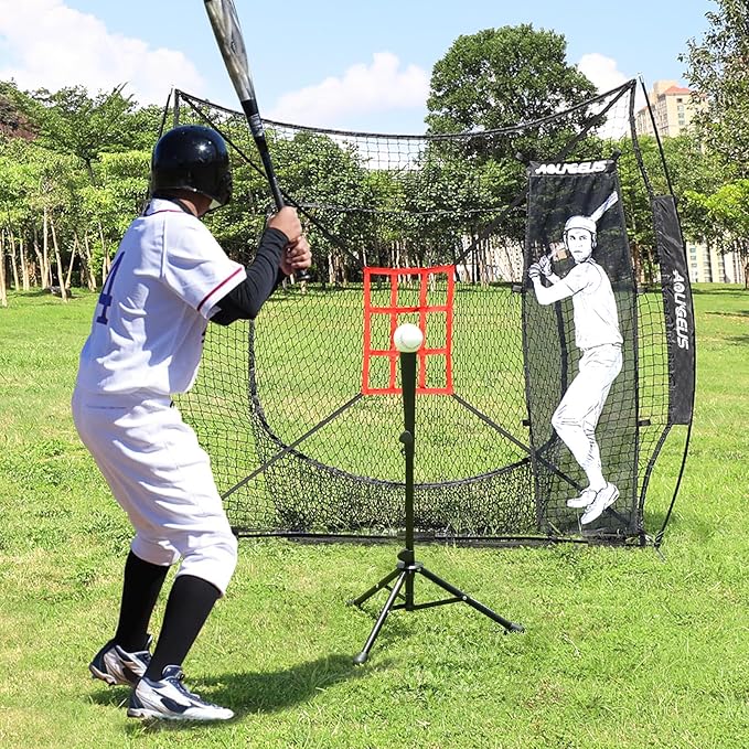7'X7' Baseball Softball Practice Net,Pitching Net,Batting Net,with Baseball Tee,Bonus Strike Zone and Bow Frame,for Hitting,Pitching, Catching