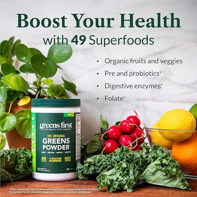 Greens First Original Greens Powder - 49 Superfoods - Organic Fruits & Veggies - Prebiotics, Probiotics, Digestive Enzymes - Antioxidant Smoothie - Dairy Free, Vegan, Non-GMO (Chocolate, 60 Servings)