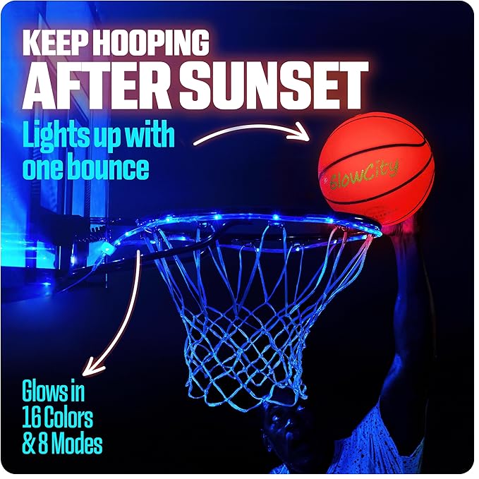 GlowCity Glow in The Dark Basketball for Teen Boy - Glowing Red Basket Ball, Light Up LED Toy for Night Ball Games - Sports Stuff & Gadgets for Kids Age 8 Years Old and Up. Great Gift for Boys & Girls