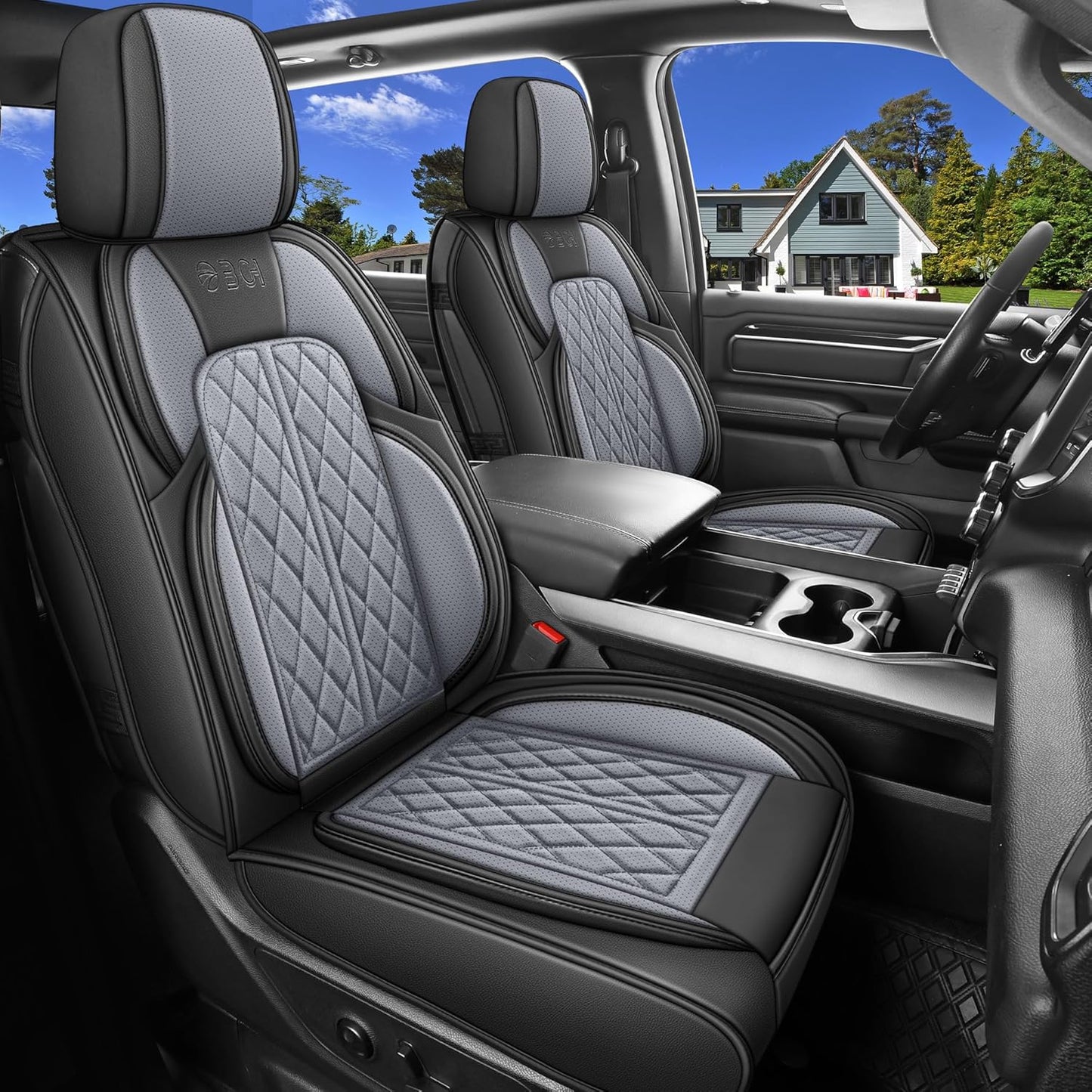 Car Seat Cover Custom Fit for Dodge Ram 1500 2500 3500 2002-2024 Faux Leather Seat Cover Set Compatible with Crew Quad Regular Cab Pickup Truck Cushions (Black & Grey, Full Set, Flat Rear)