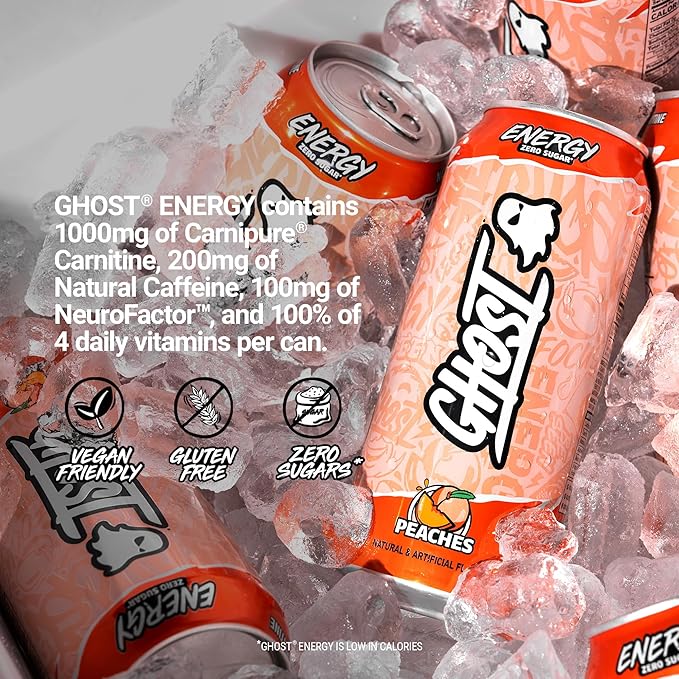 GHOST Energy Drink - 12-Pack, Peaches, 16oz - Energy & Focus & No Artificial Colors - 200mg of Natural Caffeine, L-Carnitine & Taurine - Gluten-Free & Vegan